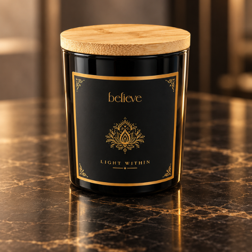 BELIEVE Diwali candle in a black glass jar with a gold lotus motif and the words Light Within, closed with its wooden lid on dark marble