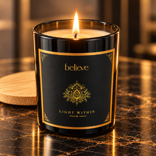 Lit BELIEVE Diwali candle in a black glass jar with a gold lotus motif and the words Light Within, its wooden lid resting beside it on dark marble