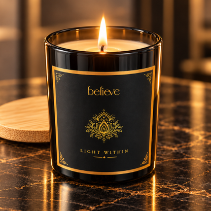 Lit BELIEVE Diwali candle in a black glass jar with a gold lotus motif and the words Light Within, its wooden lid resting beside it on dark marble