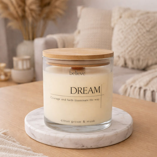 Natural wax luxury candle in Dubai DREAM with citrus and musk fragrance by BELIEVE