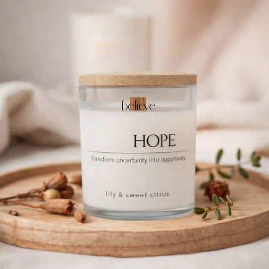 Natural wax luxury candle in Dubai HOPE with lily and sweet citrus fragrance by BELIEVE