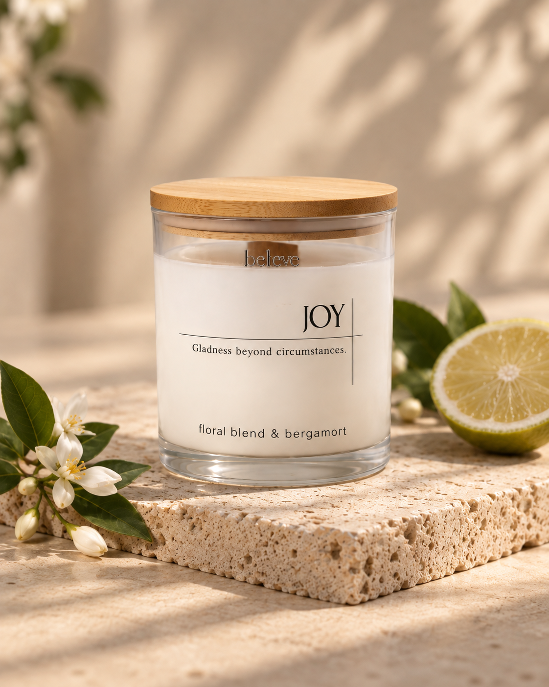 JOY candle with wooden lid, styled with fresh citrus and white blossom