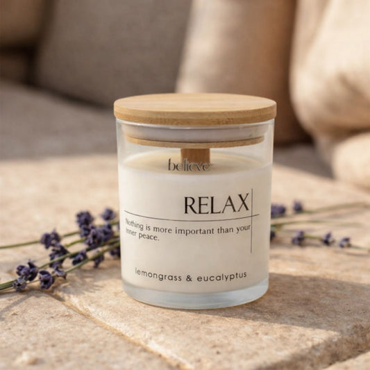 Natural wax luxury candle in Dubai RELAX with lemongrass and eucalyptus scent by BELIEVE