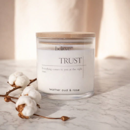 Natural wax luxury candle in Dubai TRUST with leather oud and rose scent by BELIEVE