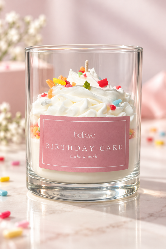 Birthday Cake candle in a clear glass jar, its whipped wax top scattered with coloured sprinkles