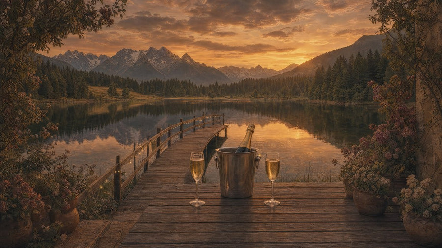 A jetty at sunset with champagne and two glasses beside a still lake — BELIEVE Congratulations ritual