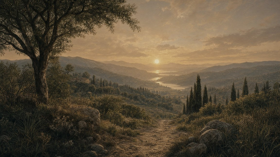 A winding path through hills at first light — BELIEVE Dad ritual