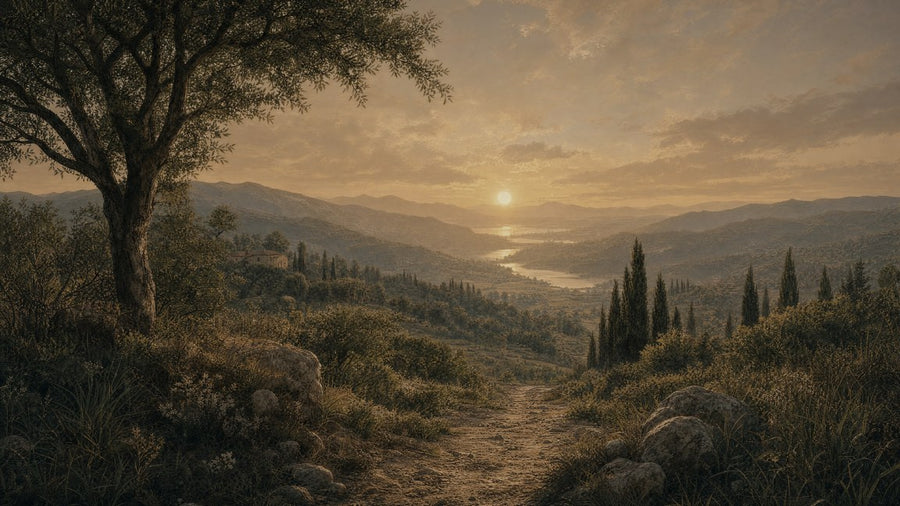 A winding path through hills at first light — BELIEVE Dad ritual