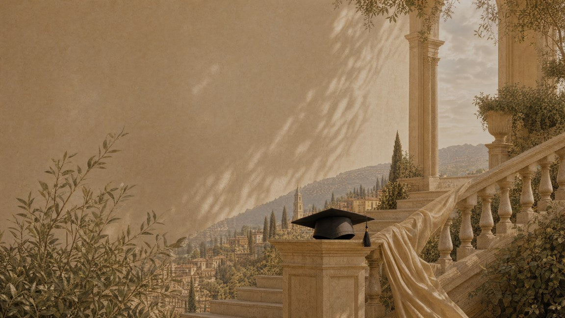 Stone steps rising past columns with a graduation cap — BELIEVE Graduation ritual