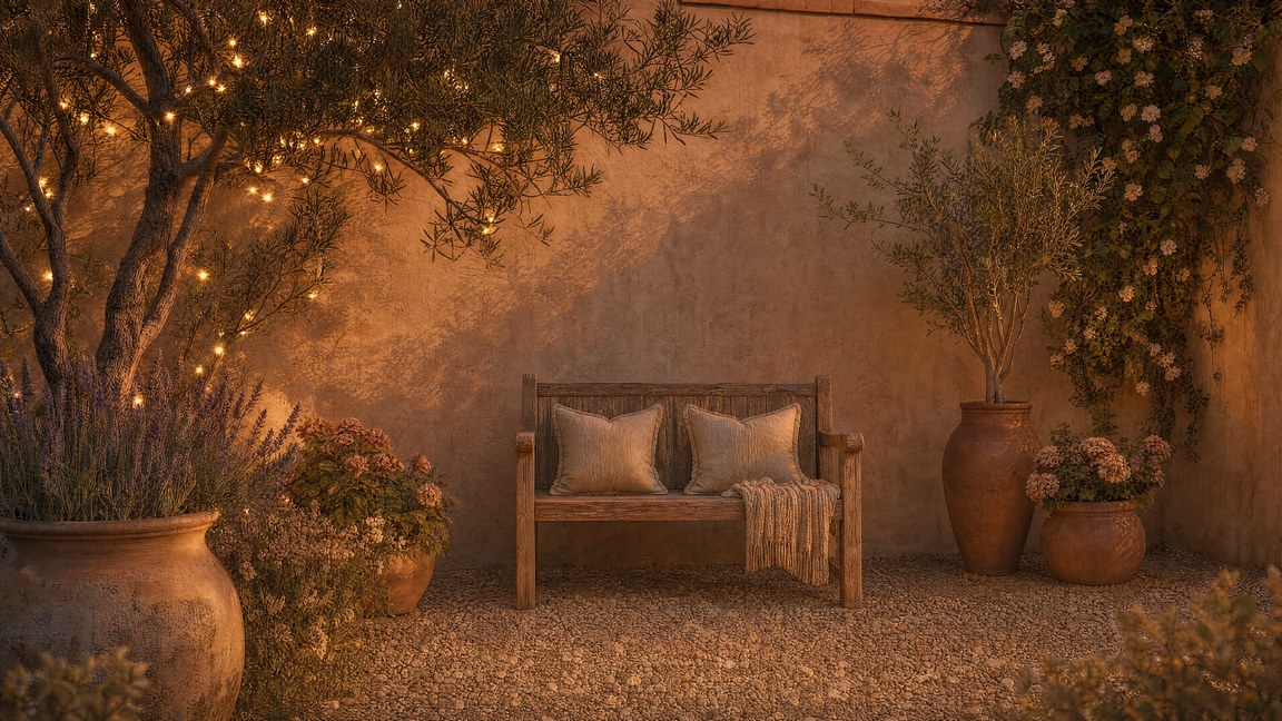 A bench for two in a warm courtyard strung with lights — BELIEVE Happy Anniversary ritual