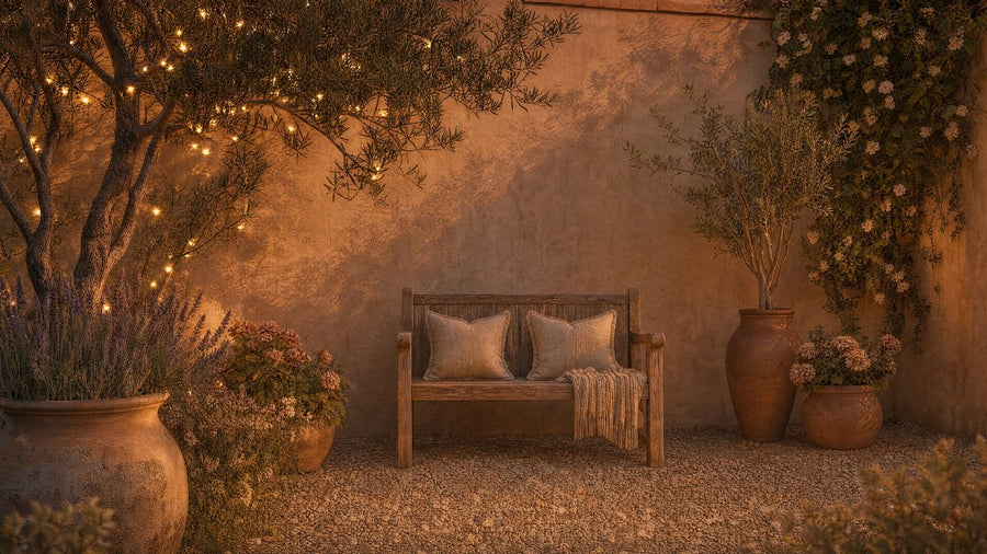 A bench for two in a warm courtyard strung with lights — BELIEVE Happy Anniversary ritual