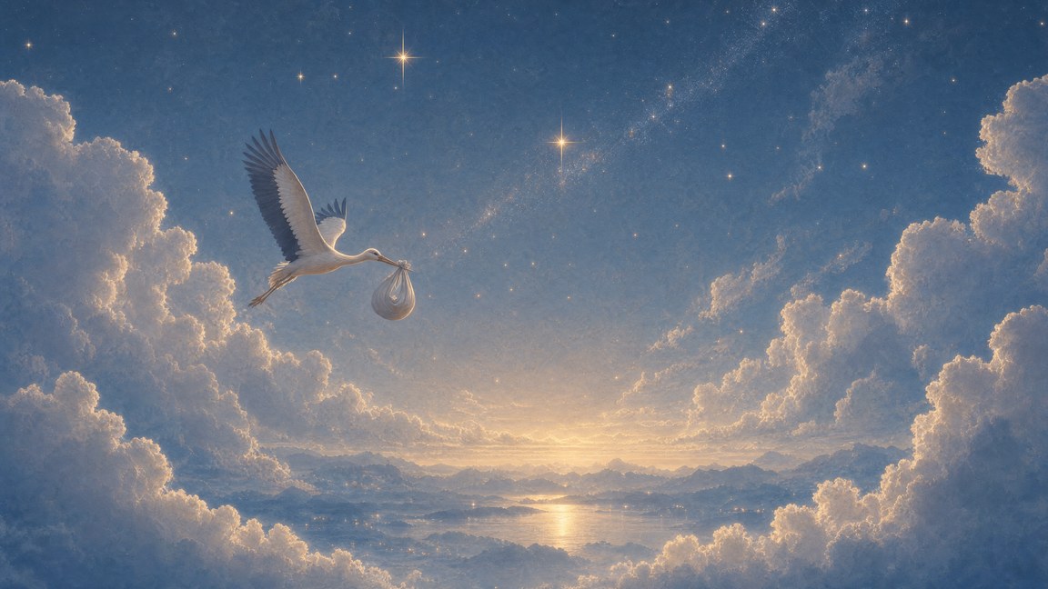 A stork crossing a starlit sky of soft clouds — BELIEVE Hello Baby ritual