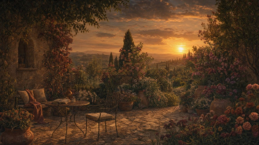 A flowering garden terrace at sunset — BELIEVE Mom ritual