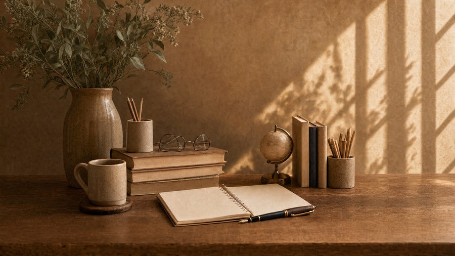 An open notebook, books and a globe on a sunlit desk — BELIEVE Teacher ritual