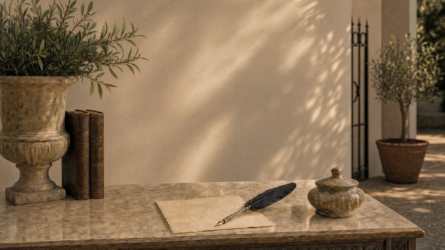 A quill resting on writing paper beside books and an olive sprig — BELIEVE Thank You ritual